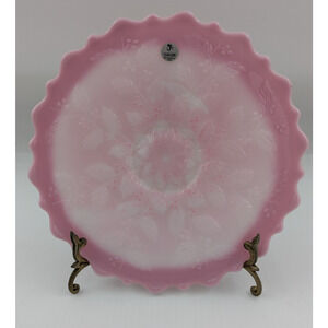 Rare Fenton Rosalene Glass Holly Berries Leaves Plate Cake Plate Pink White 10"